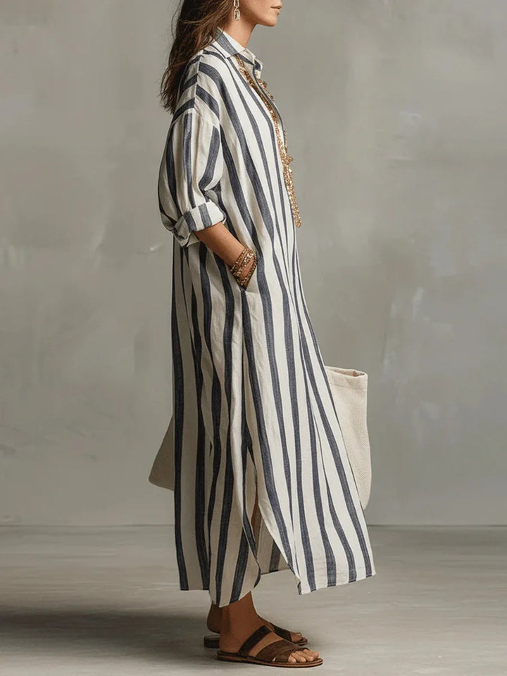 Casual women's striped maxi shirt dress with a relaxed fit & handy pockets, perfect for everyday wear.