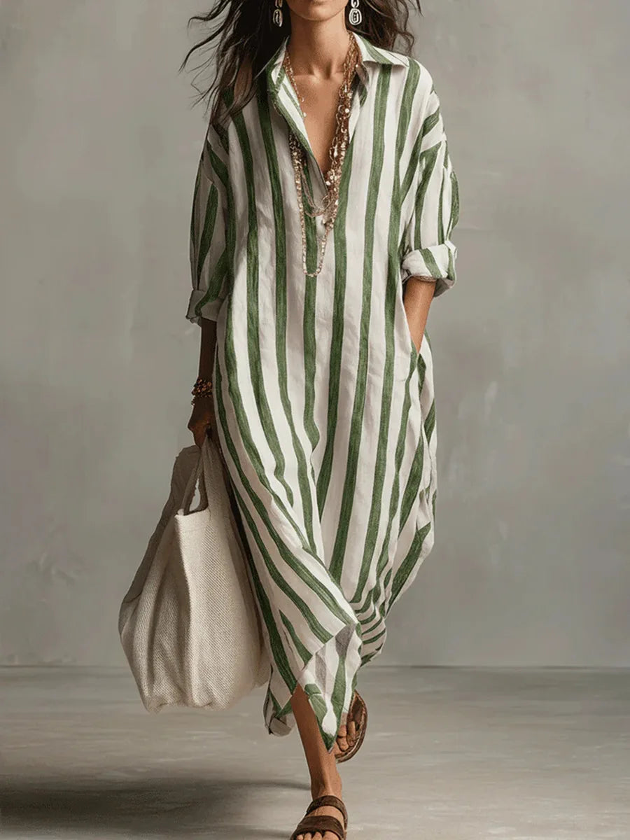 Effortless women's striped maxi shirt dress with a comfortable relaxed fit and functional pockets.