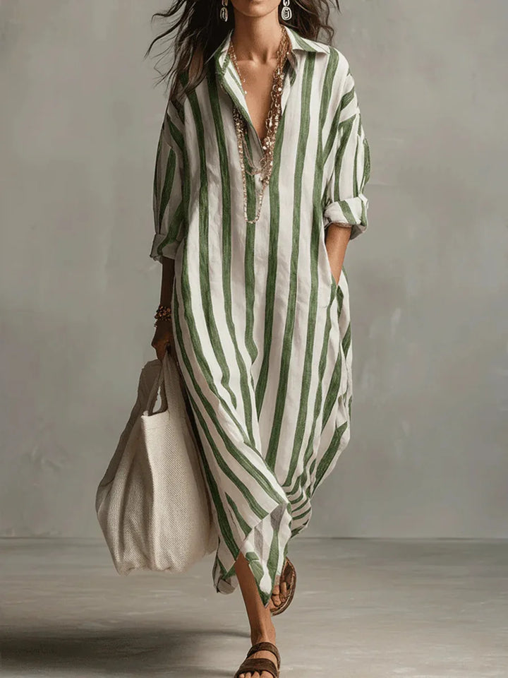 Effortless women's striped maxi shirt dress with a comfortable relaxed fit and functional pockets.