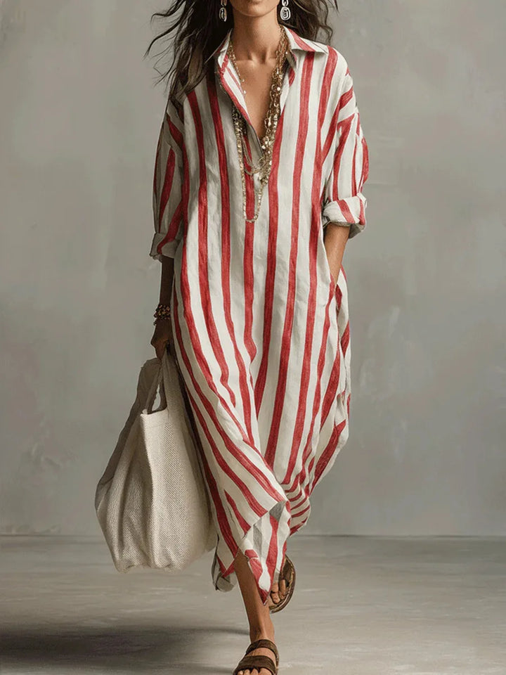 Versatile women's everyday striped maxi dress, designed as a shirt dress with practical pockets.