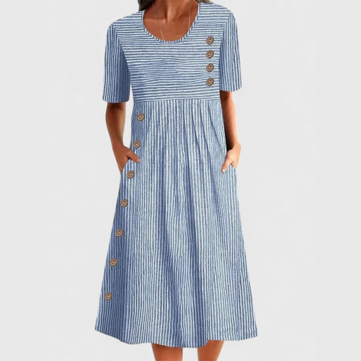 Women's striped midi dress with elegant button details and 3/4 sleeves for a comfortable, classic summer style.