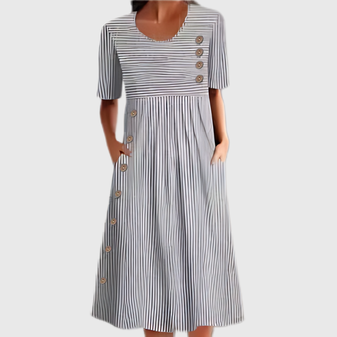 Elegant women's striped midi dress with button detail, perfect for a casual summer day or classic daytime event.