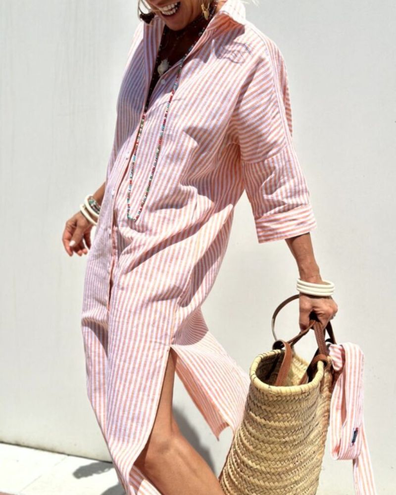 Versatile women's striped midi shirt dress with pockets, ideal for spring & summer day-to-night fashion.