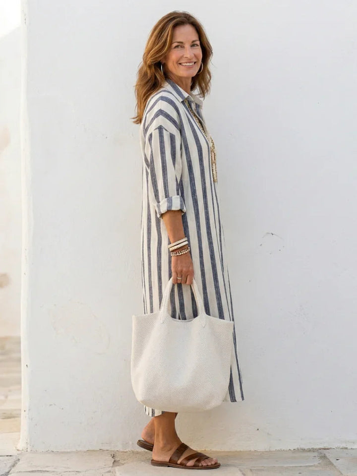 Versatile women's striped midi dress, a relaxed fit shirt dress ideal for everyday style & comfort.