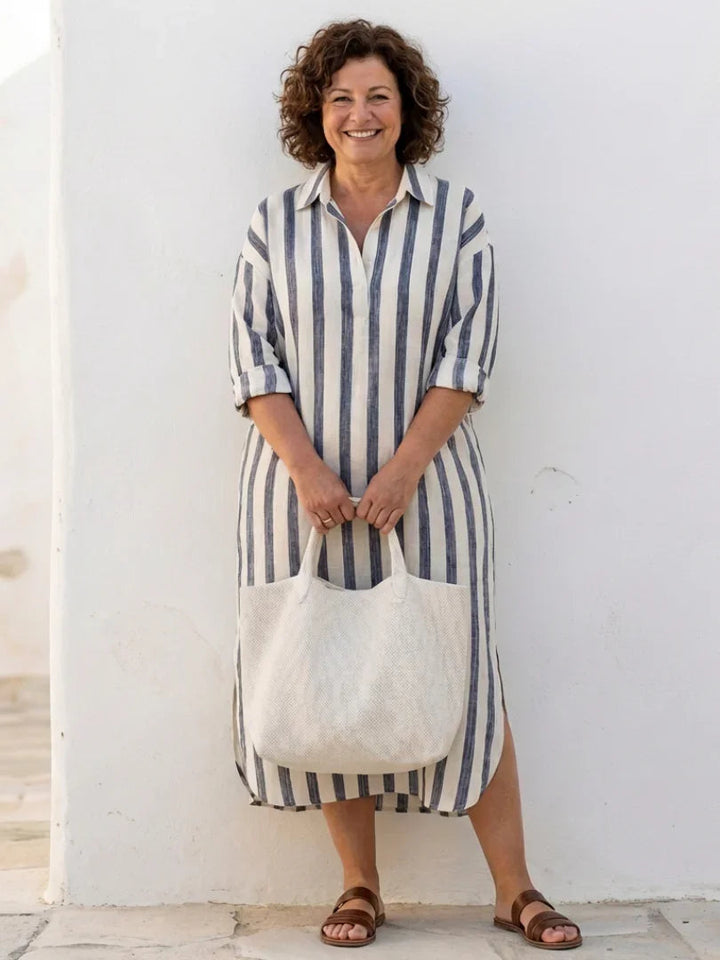 Stylish women's long sleeve striped midi shirt dress, featuring a button front for office chic or travel.