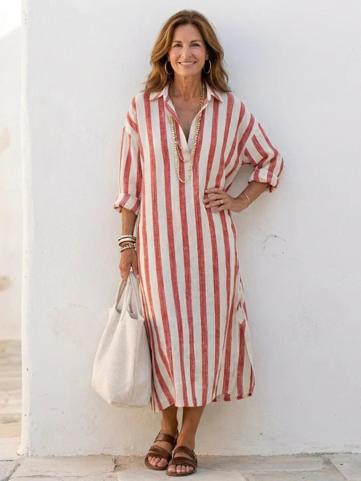 Casual women's striped midi shirt dress, a comfortable everyday staple with a relaxed fit.