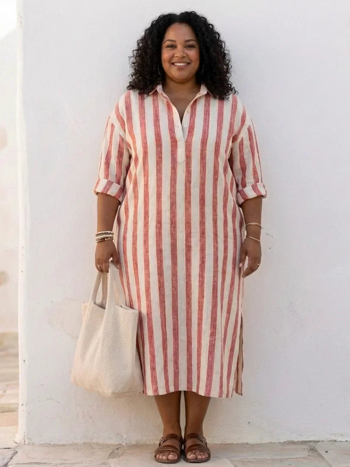 Elegant women's striped midi shirt dress, perfect for versatile styling from casual to office wear.