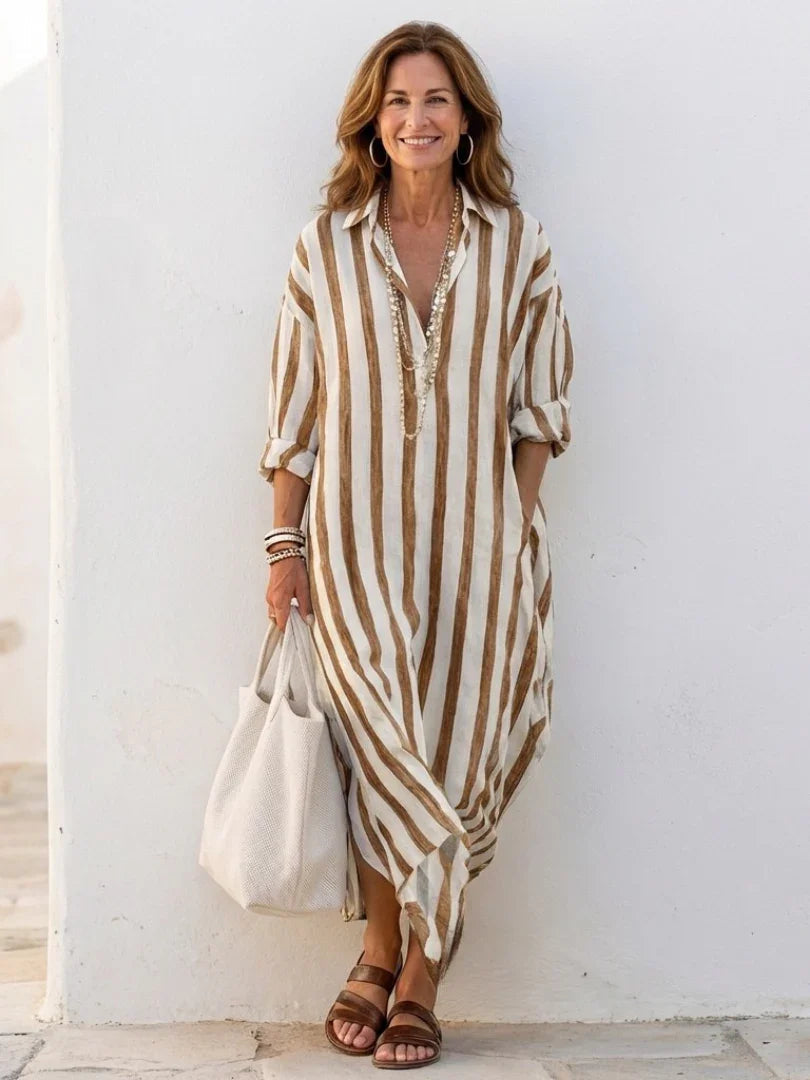 Chic women's striped midi shirt dress, a versatile long sleeve button-front dress for everyday or travel.