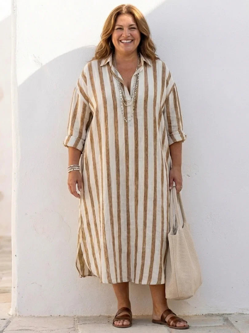 Women's striped midi shirt dress, a long sleeve casual wear staple with a comfortable, relaxed fit.