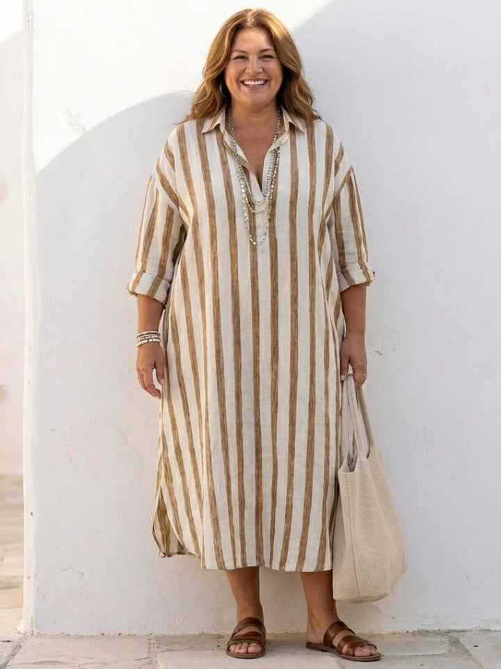 Women's striped midi shirt dress, a long sleeve casual wear staple with a comfortable, relaxed fit.