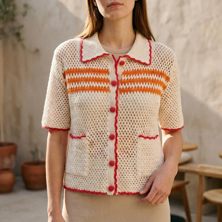Women's striped open-knit short-sleeve cardigan, stylish for summer layering fashion.