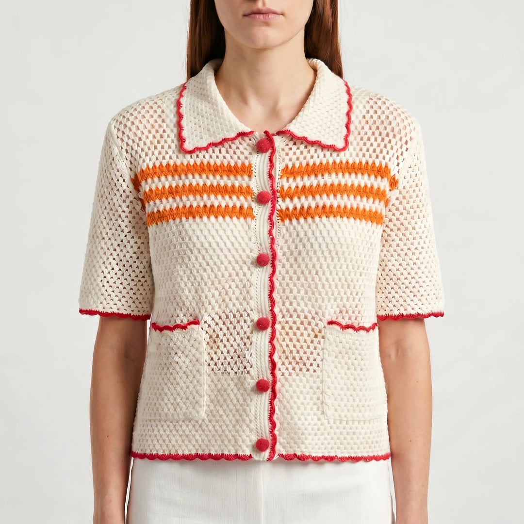 Chic women's open-knit striped short-sleeve cardigan. Perfect retro-inspired casual wear.