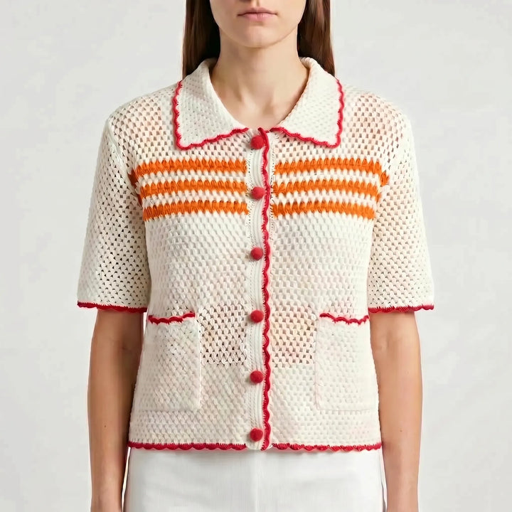 Summer style: Women's striped open-knit short-sleeve cardigan, a versatile casual layering piece.