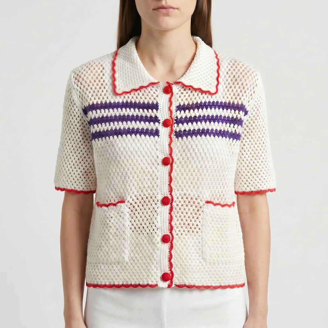 Fashionable women's open-knit short-sleeve striped cardigan, a must-have for summer layering.