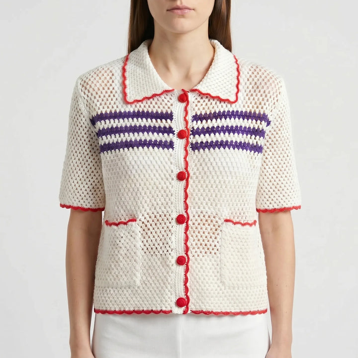 Fashionable women's open-knit short-sleeve striped cardigan, a must-have for summer layering.