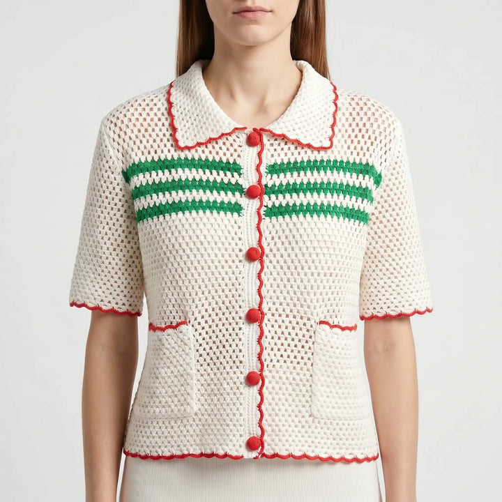 Lightweight women's open-knit short-sleeve striped cardigan. Breathable for warm weather outfits.