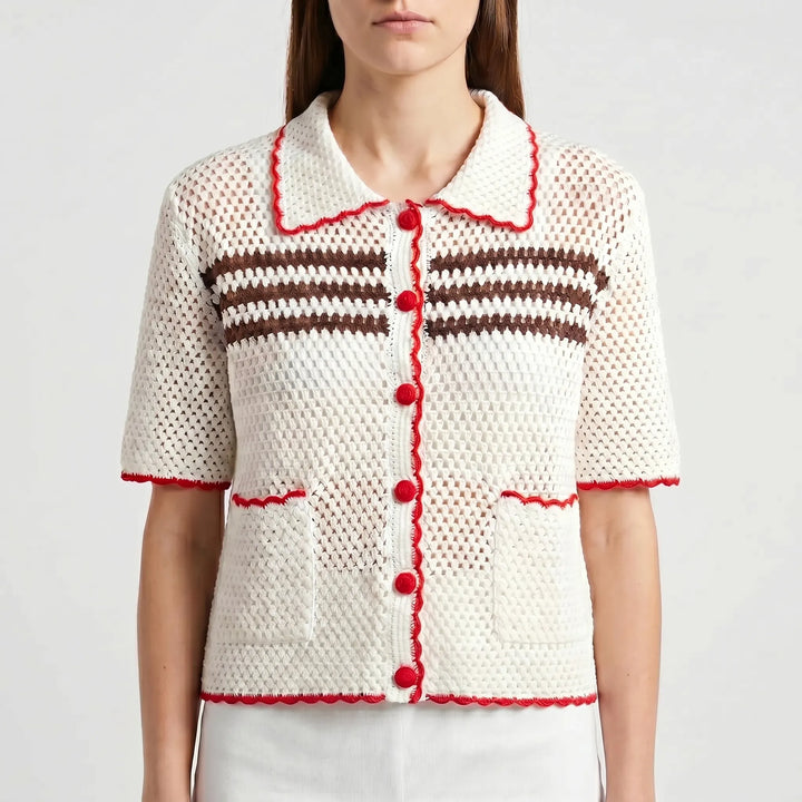 Women's short-sleeve striped open-knit cardigan. A stylish, breathable top for summer fashion.