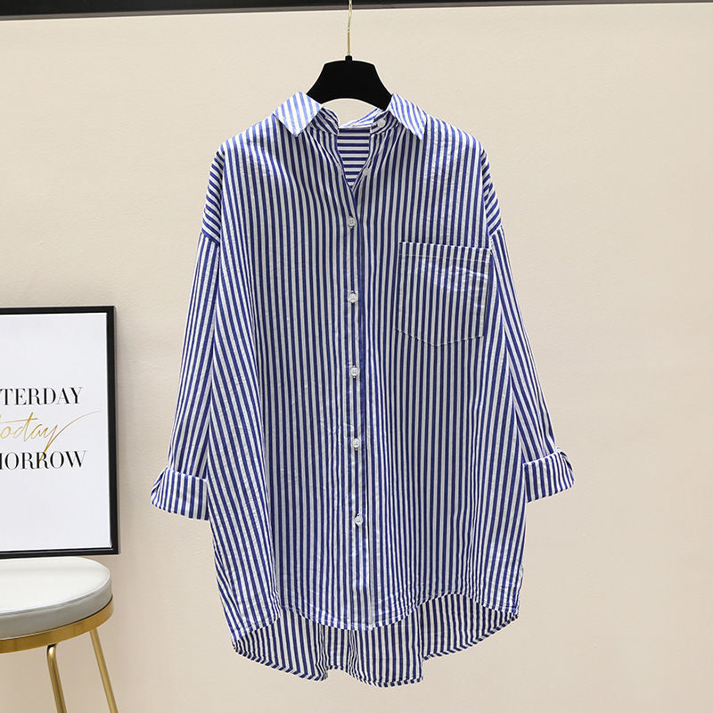 Women's striped oversized longline button-down shirt with a relaxed fit & chest pocket.