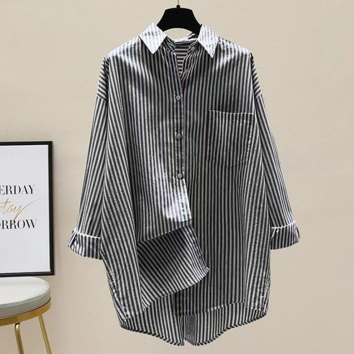 Women's collared striped oversized longline button-down shirt with chest pocket for casual style.