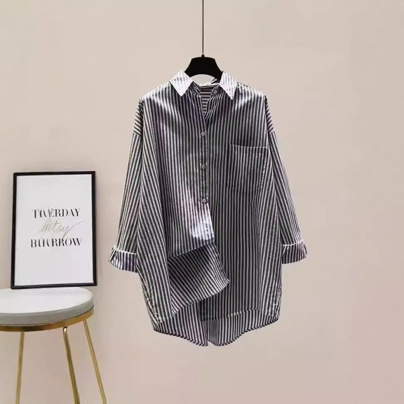 Comfortable women's relaxed fit striped longline button-down shirt for versatile everyday style.
