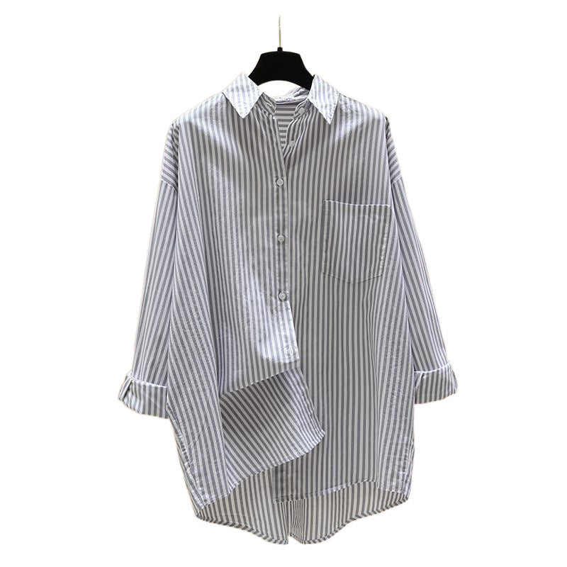 Casual women's striped oversized longline button-down shirt with a relaxed fit, great for everyday.