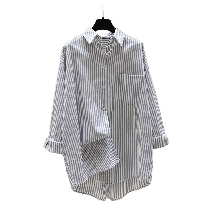 Casual women's striped oversized longline button-down shirt with a relaxed fit, great for everyday.