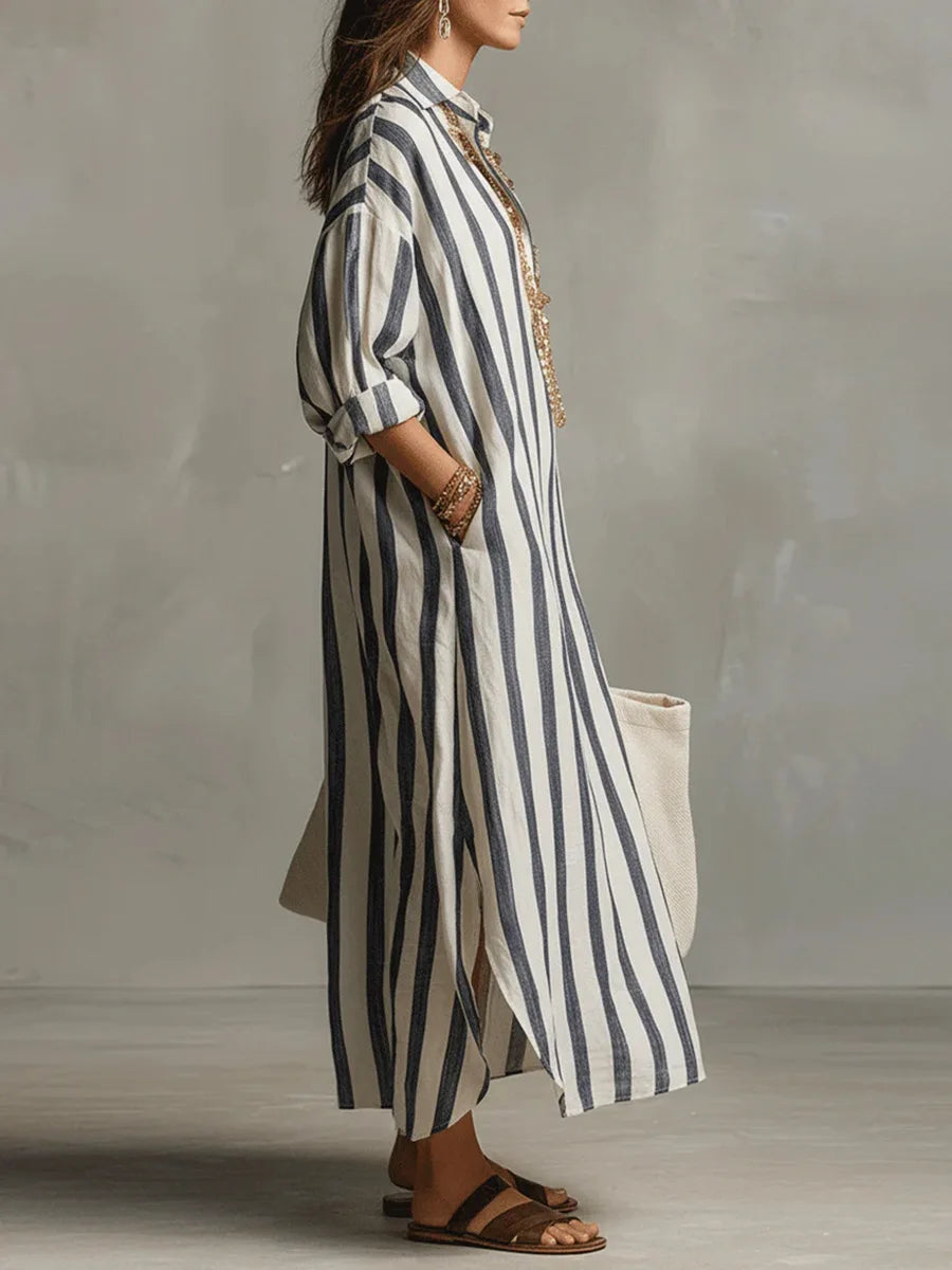 Flowy women's striped maxi dress, perfect for casual summer days & beach vacations.