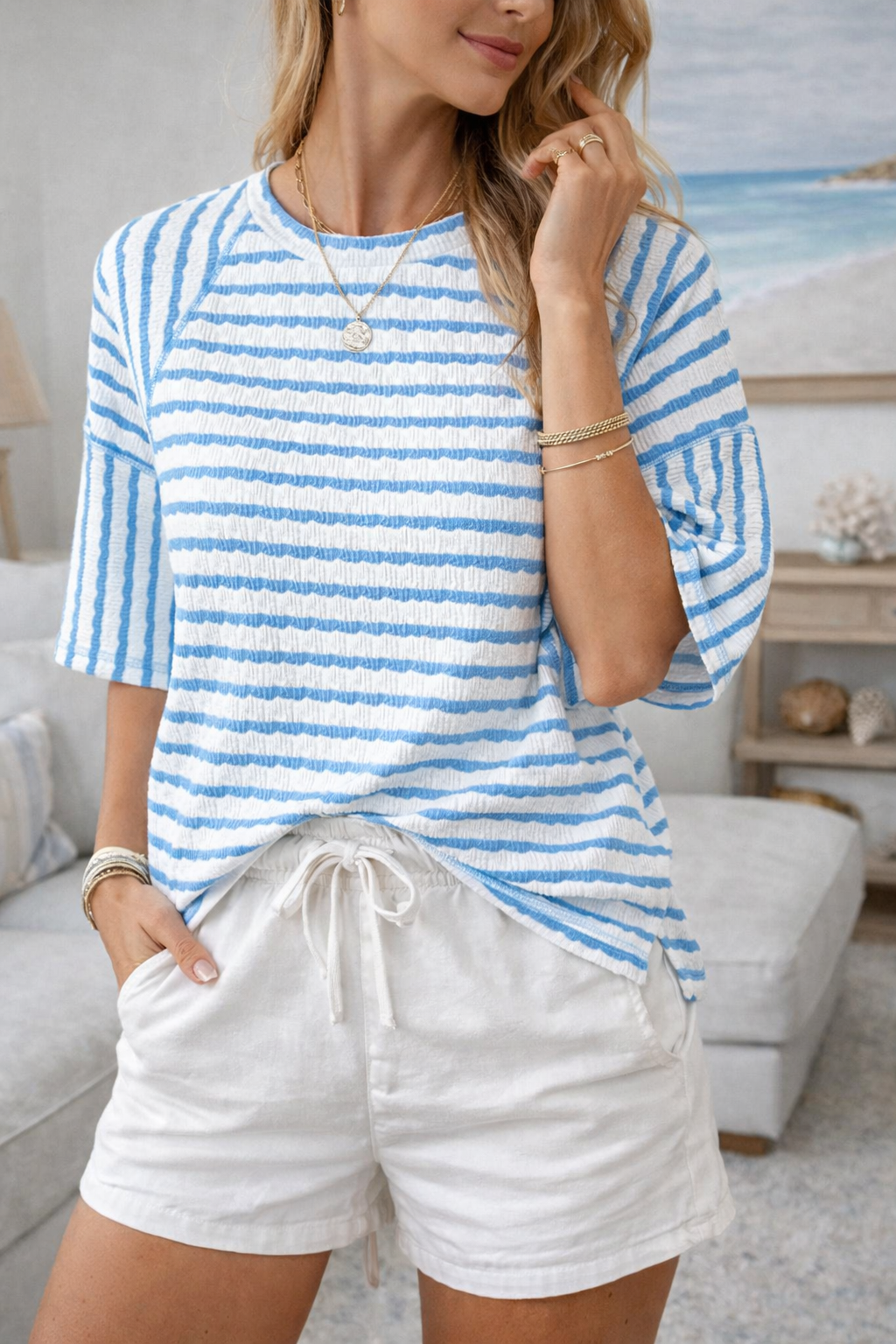 Stylish women's striped relaxed fit tee, a comfortable short sleeve crewneck top for spring & summer fashion.