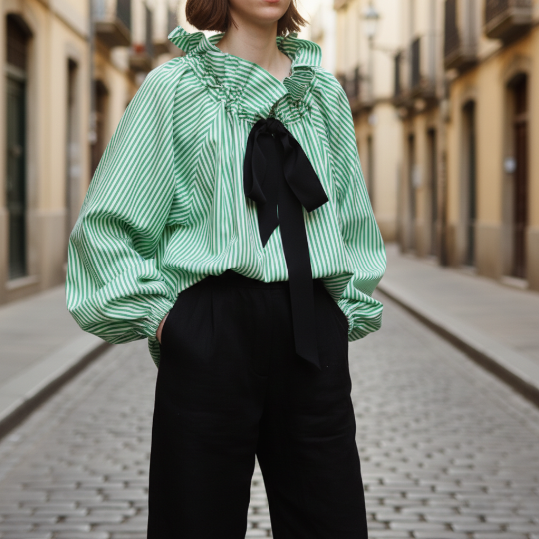 Women's striped ruffle blouse with bow tie. Elegant balloon sleeves, relaxed fit for office wear.