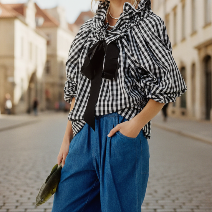Stylish women's striped blouse featuring a ruffle design, sophisticated bow tie, and modern balloon sleeves.