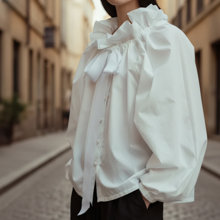 Women's striped ruffle bow tie blouse. Chic balloon sleeve, relaxed fit, perfect for professional office fashion.