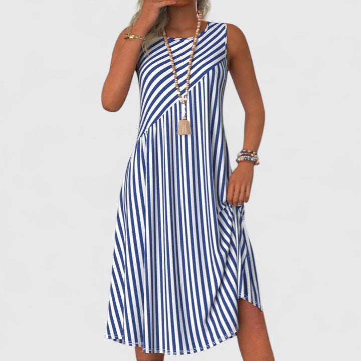 Women's striped sleeveless midi dress with round neck & A-line cut, perfect casual summer style with pockets.