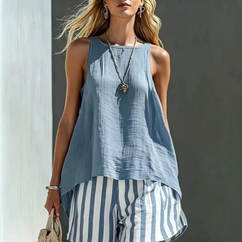 Women's striped sleeveless tank top & shorts summer outfit set. Perfect for beach or vacation.