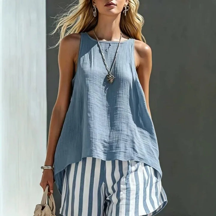Women's striped sleeveless tank top & shorts summer outfit set. Perfect for beach or vacation.