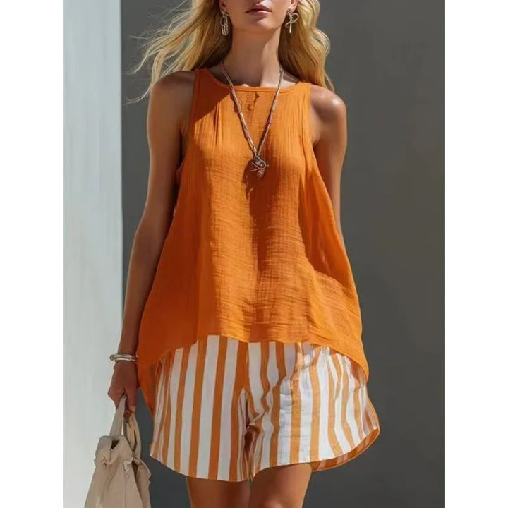 Relaxed fit women's two-piece striped sleeveless tank & shorts set, ideal for casual summer wear.