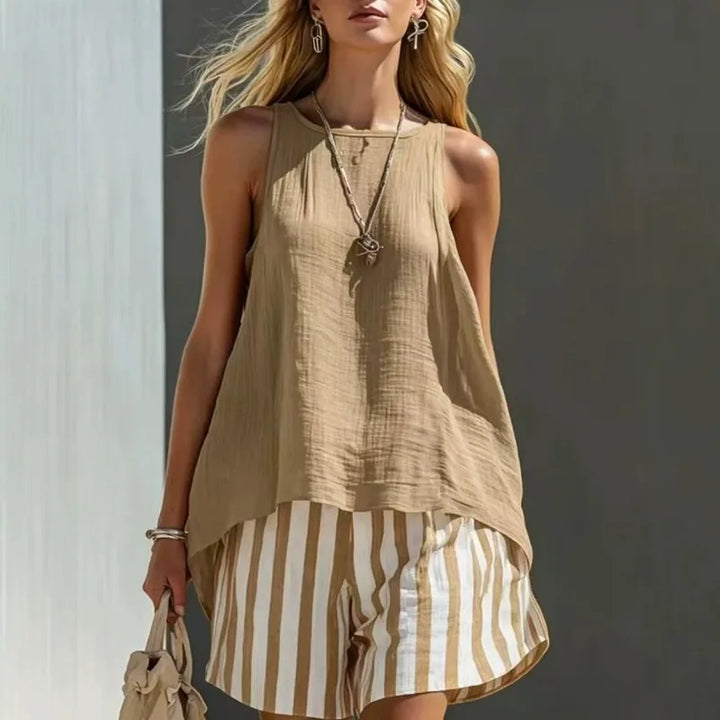 Comfortable women's striped sleeveless tank and shorts set. Great for beach days, vacation, and warm weather.