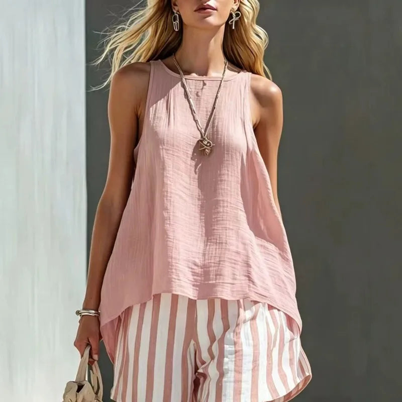 Stylish women's fashion two-piece set: striped sleeveless top & matching shorts for a trendy summer look.