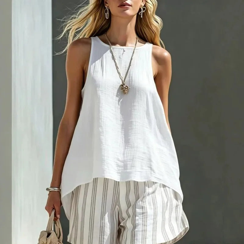 Sleeveless tank top & striped shorts women's summer outfit. Lightweight and breathable for warm weather comfort.