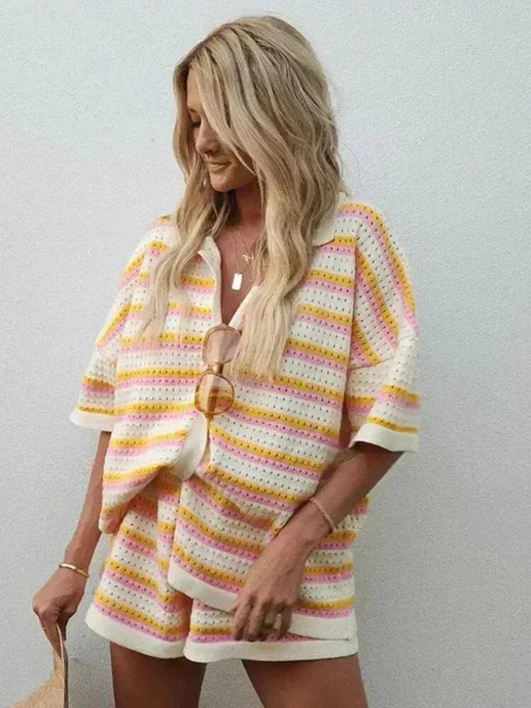 Women's striped two-piece shorts set, perfect for lounge & casual wear, comfortable summer outfit.