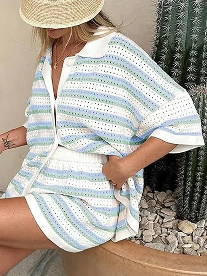 Comfortable women's striped shorts set for lounging, featuring short sleeve top & elastic waist.