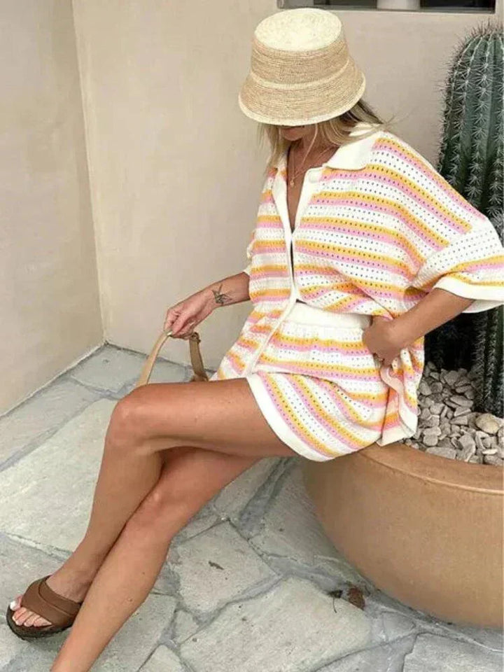 Matching women's striped short sleeve top and elastic waist shorts, a versatile lounge set.