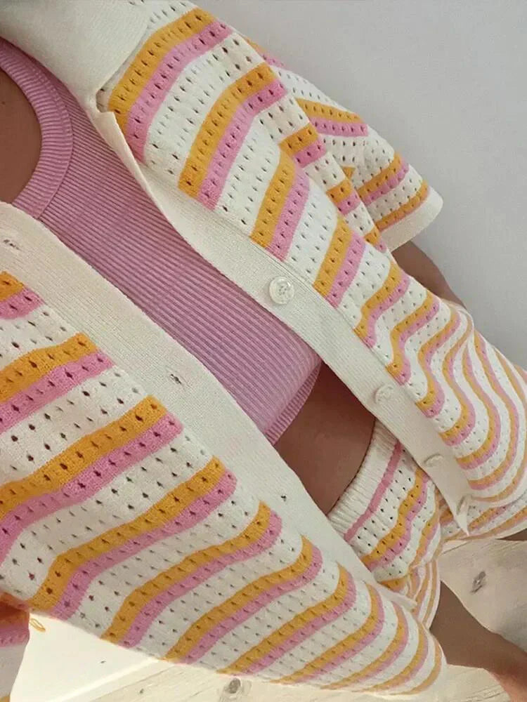 Women's two-piece striped summer outfit with a comfortable short sleeve top & casual shorts.