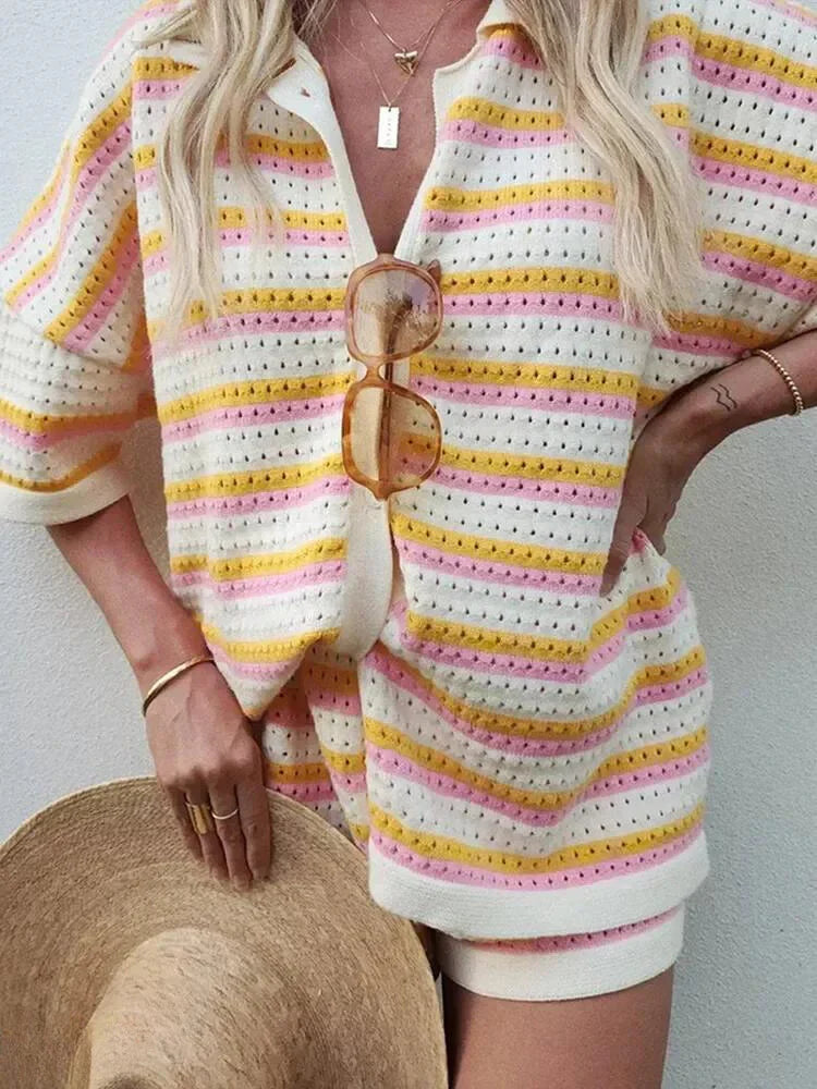 Striped lounge shorts set for women, featuring a matching short sleeve top & elastic waist design.