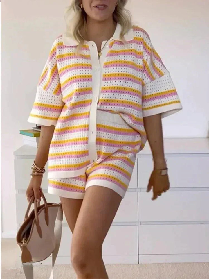Versatile women's striped two-piece set, combining a comfy short sleeve top with casual shorts.