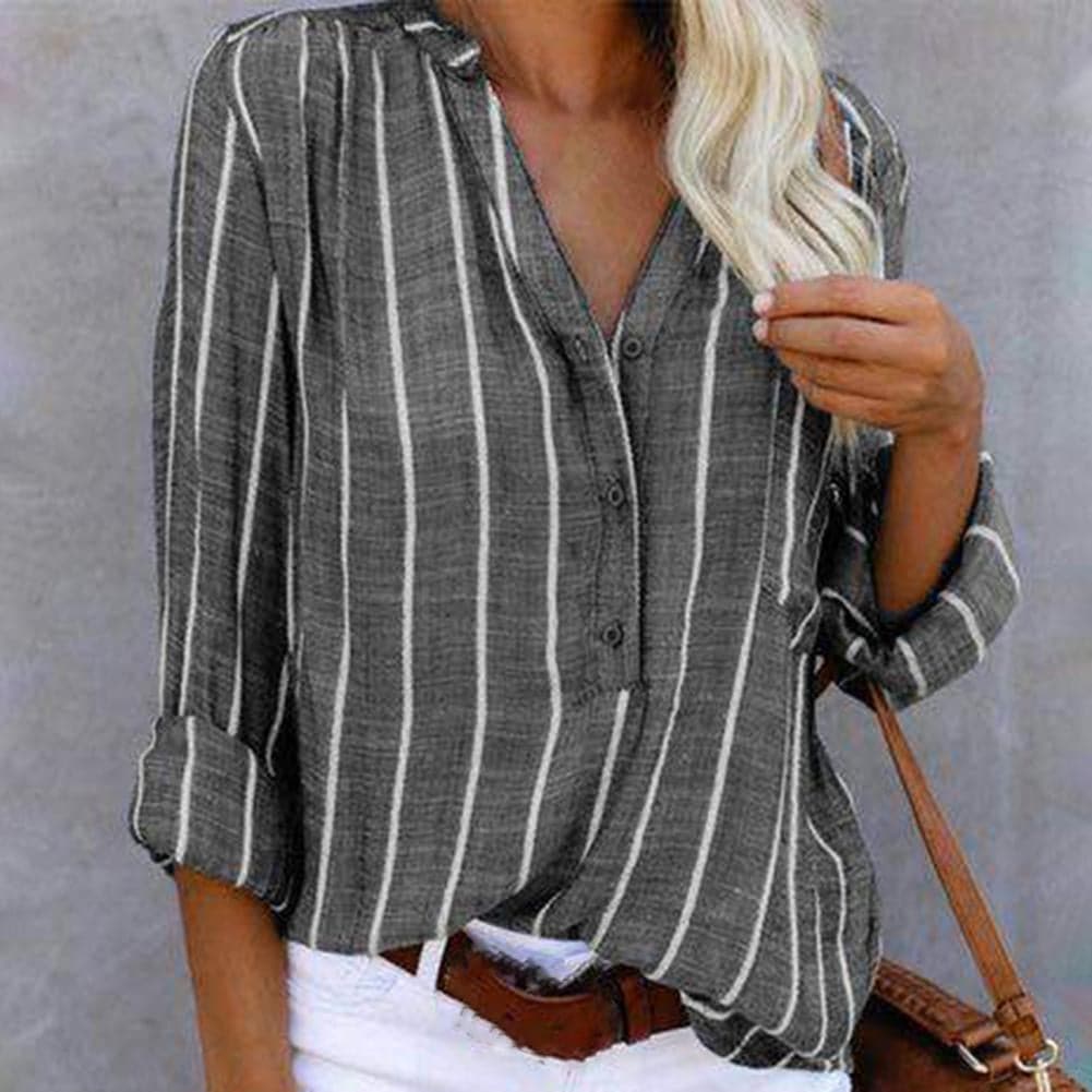 Elegant striped V-neck shirt for women, featuring button-down front and versatile roll-tab long sleeves.