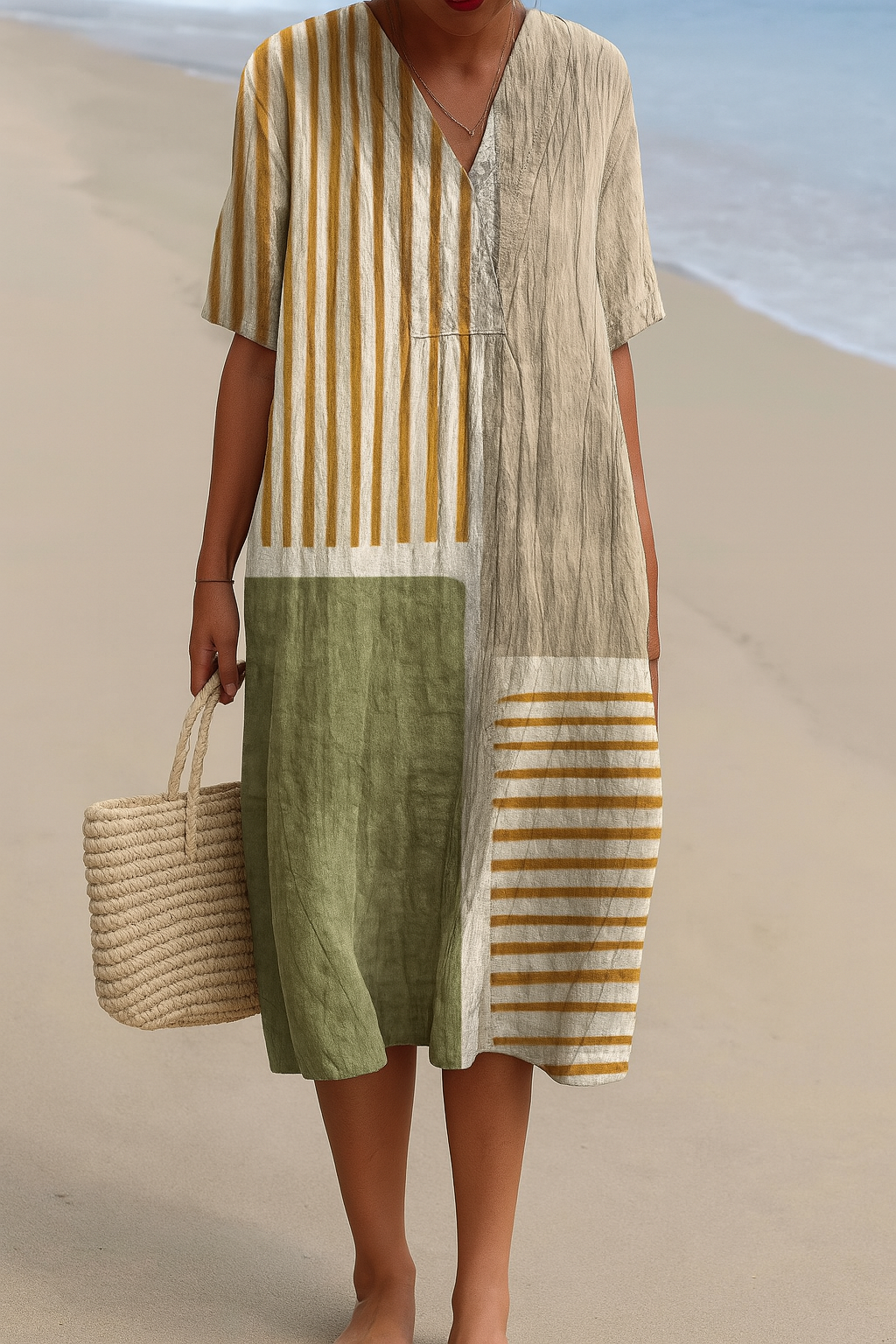 Women's striped V-neck midi dress, perfect for summer, vacation, or casual everyday style, offering effortless comfort.