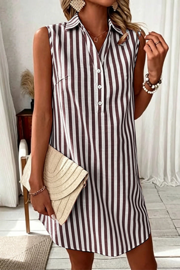 Effortless women's striped v-neck shirt dress, sleeveless, ideal casual summer and day wear.