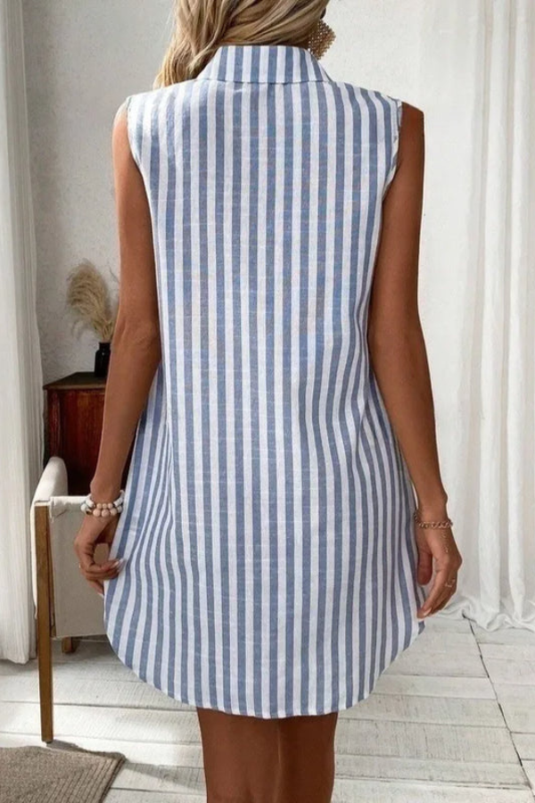 Full-length women's striped v-neck shirt dress, sleeveless, modeled for a chic, breezy summer look.