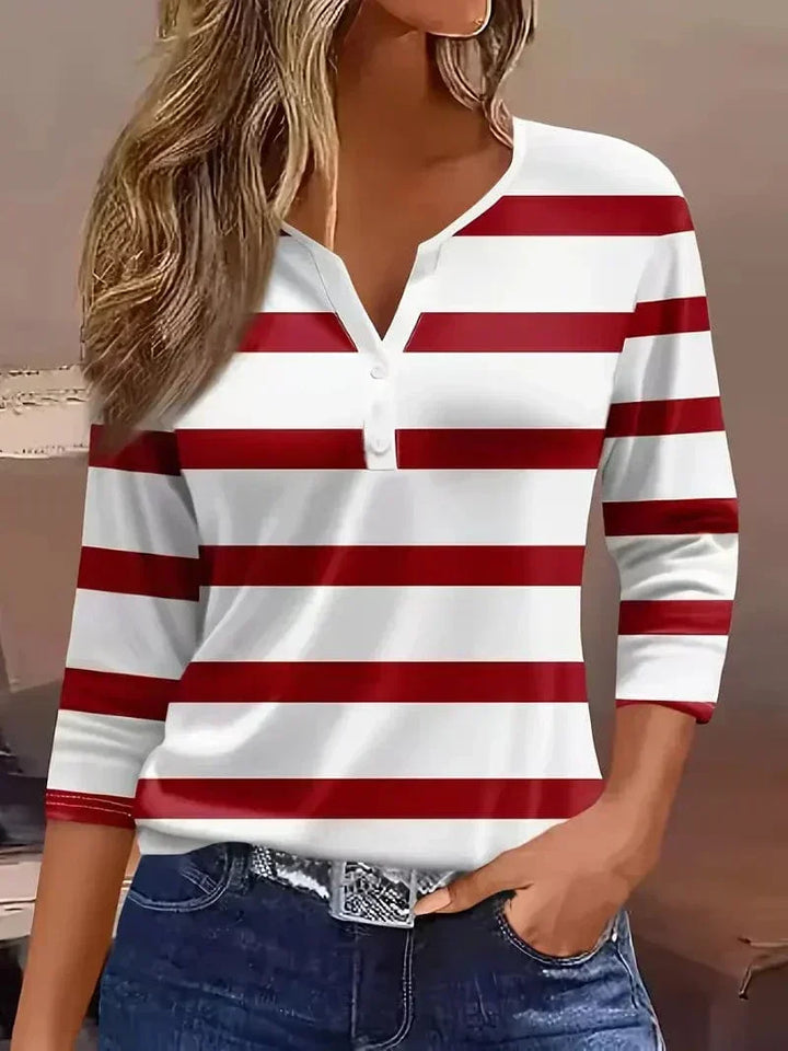 Women's striped V-neck top with short sleeves, perfect for casual spring and summer wear.