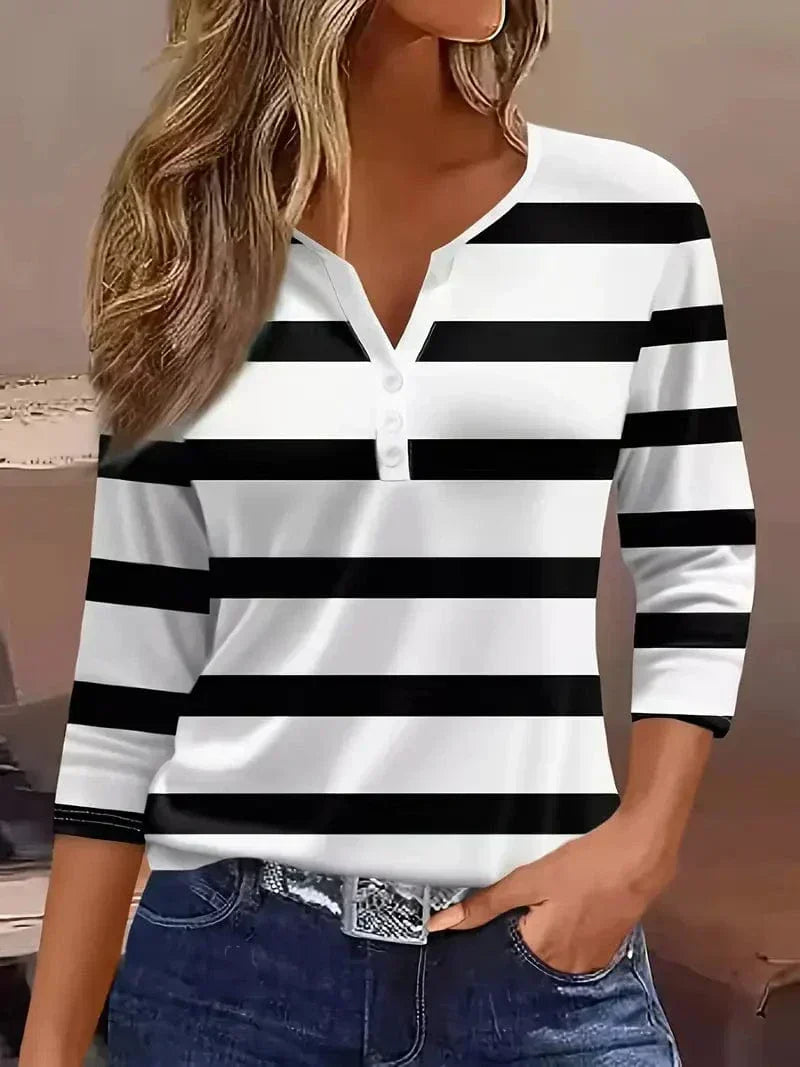 Casual women's short sleeve V-neck striped top, a versatile piece for daily outfits.